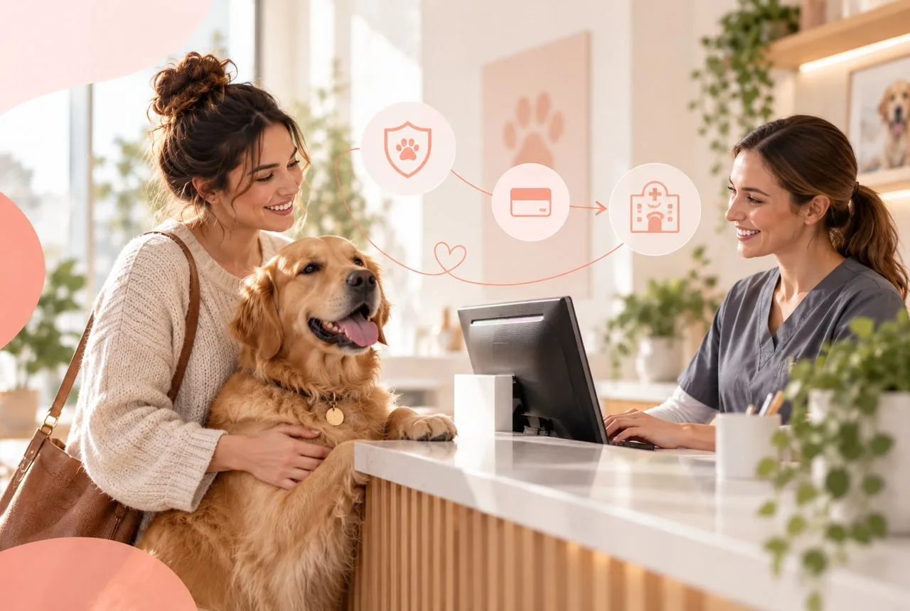 Owner speaking with a veterinary receptionist beside a dog