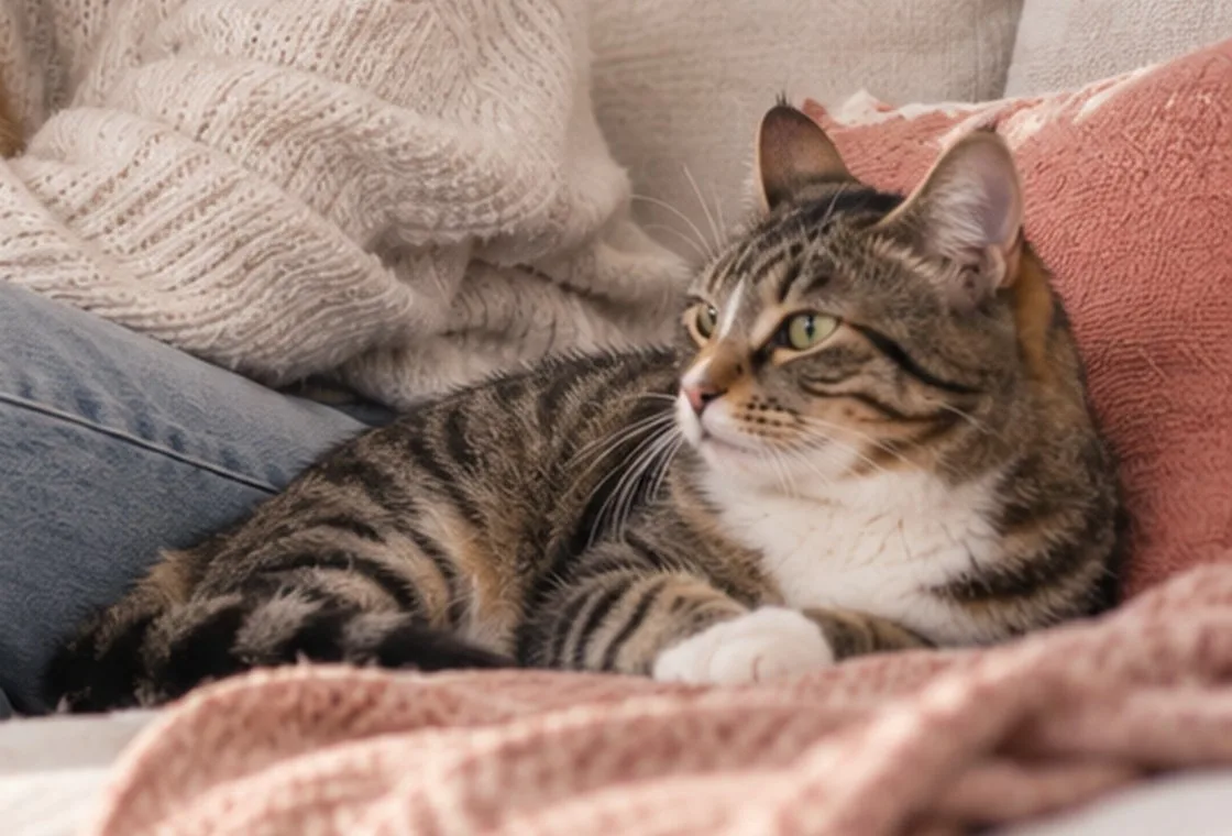 Tabby cat resting on a sofa beside an owner